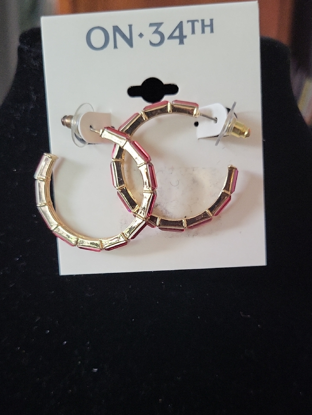 On 34th Gold-tone Hoop Earrings with Pink Crystals